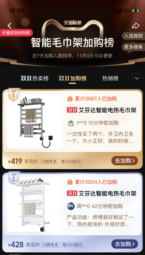 艾芬達(dá)電熱毛巾架雙十一開(kāi)門(mén)紅 天貓抖音雙雙登頂