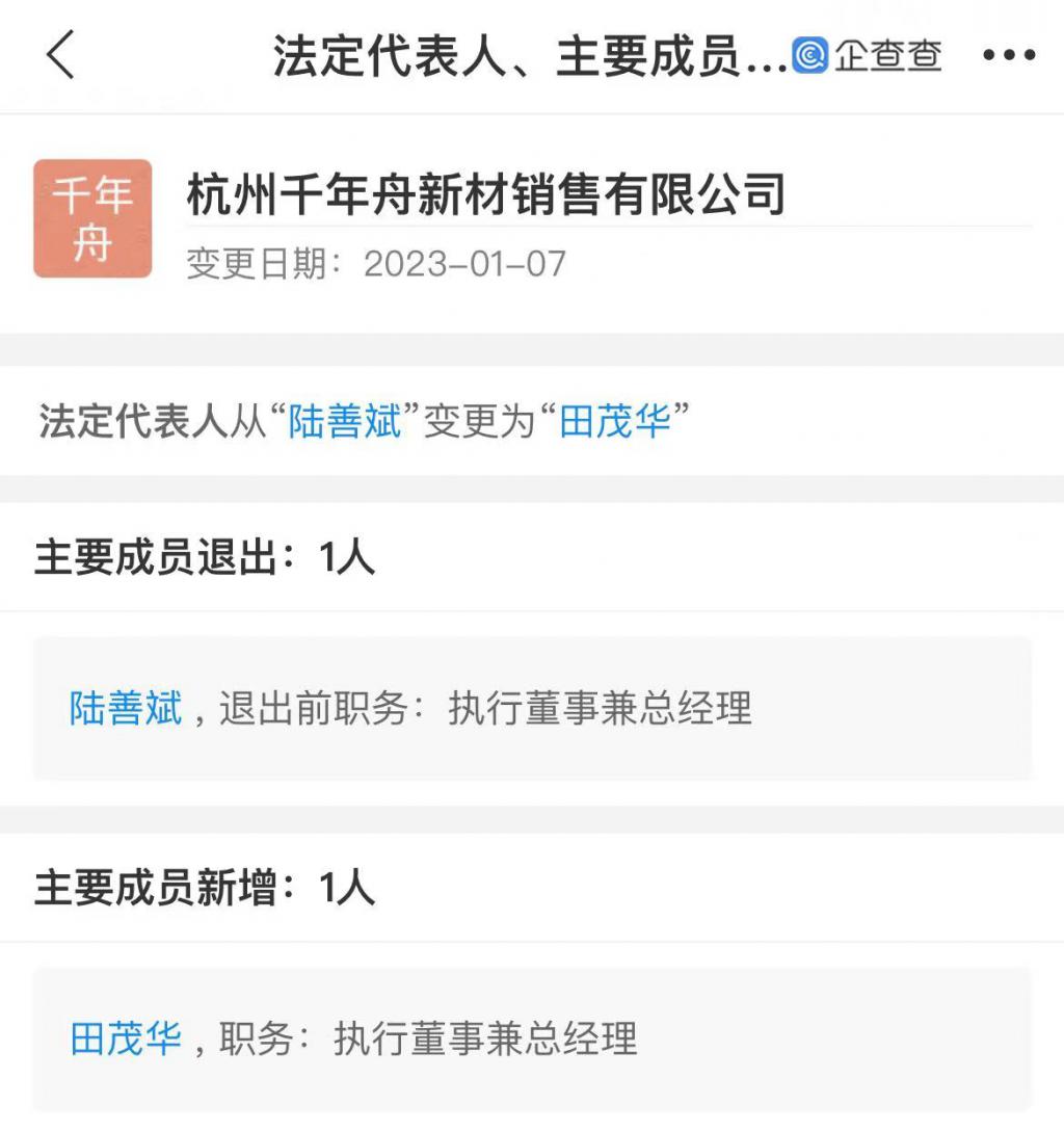 千年舟新材銷售法人代表由陸善斌變更為田茂華